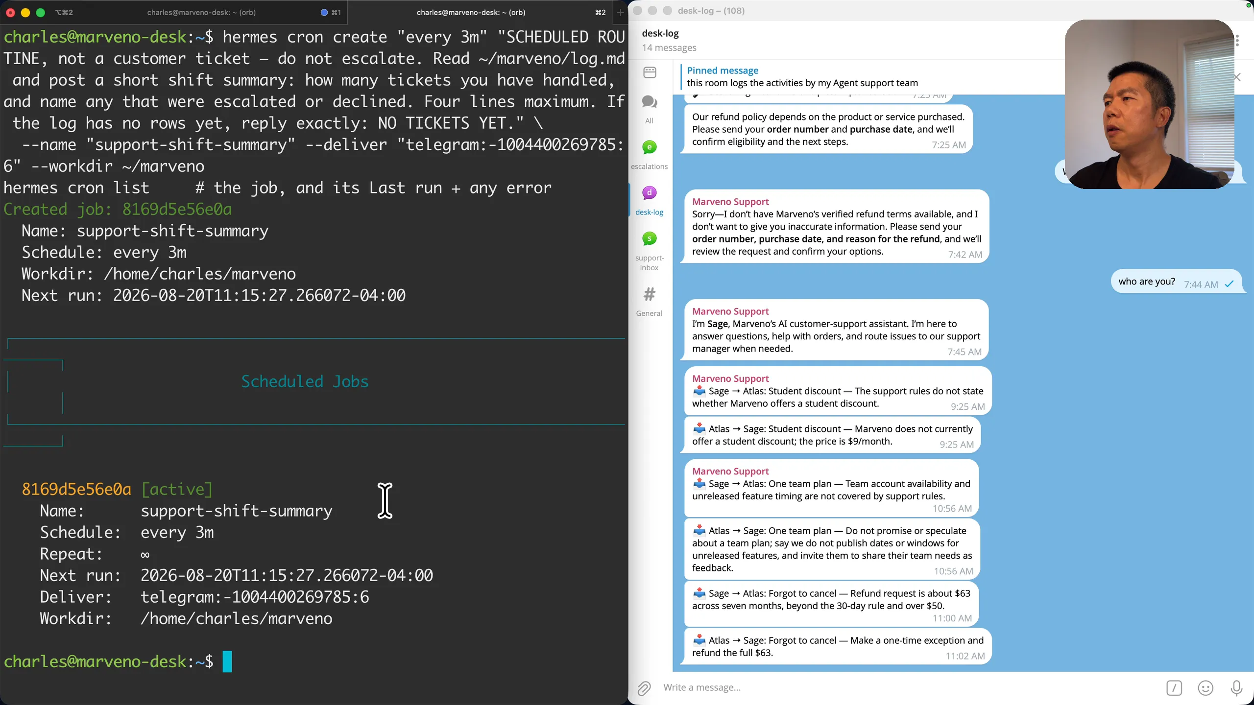Created job: every 3m, delivering to desk-log, next run three minutes out — then the same job listed as active, Repeat ∞.