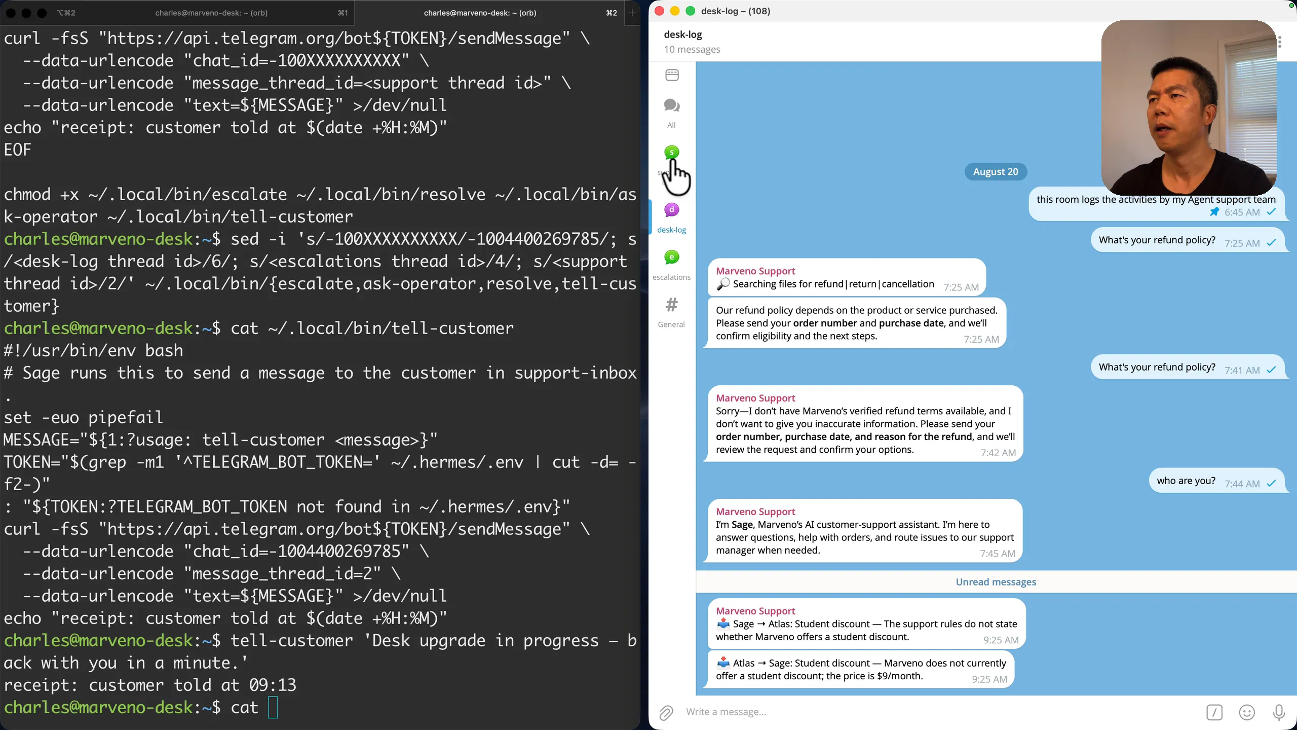 The handoff in desk-log: 📤 Sage → Atlas asks about the student discount, 📥 Atlas → Sage answers that there is none. On the left, the tell-customer script that posts the reply into the customer’s room.