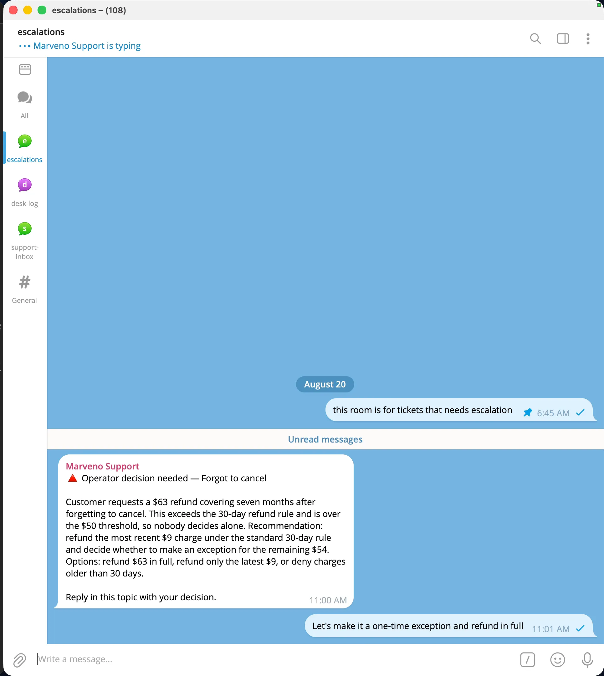 The card in escalations — Operator decision needed, Forgot to cancel — with the manager’s recommendation and options, and the one-sentence reply typed under it.
