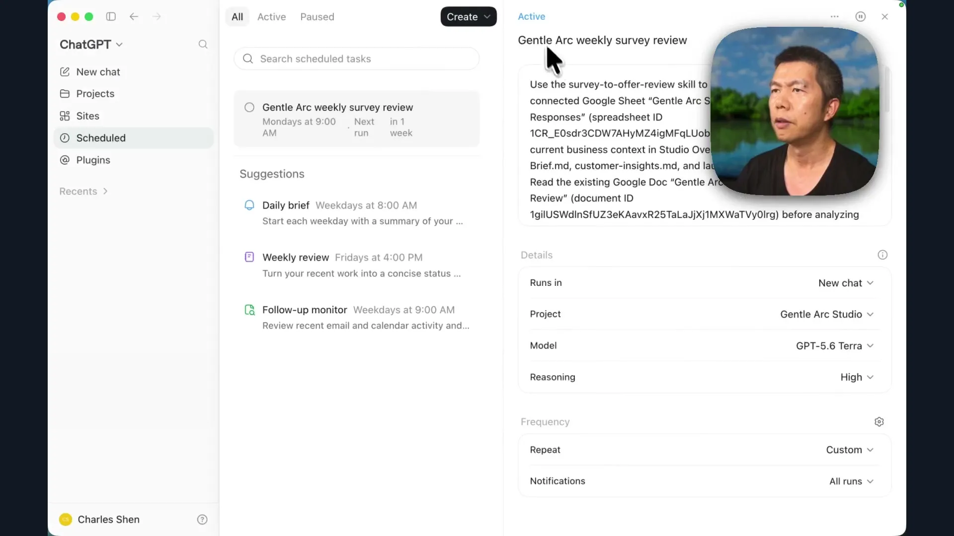 The active weekly survey review, with its project and recurring schedule.