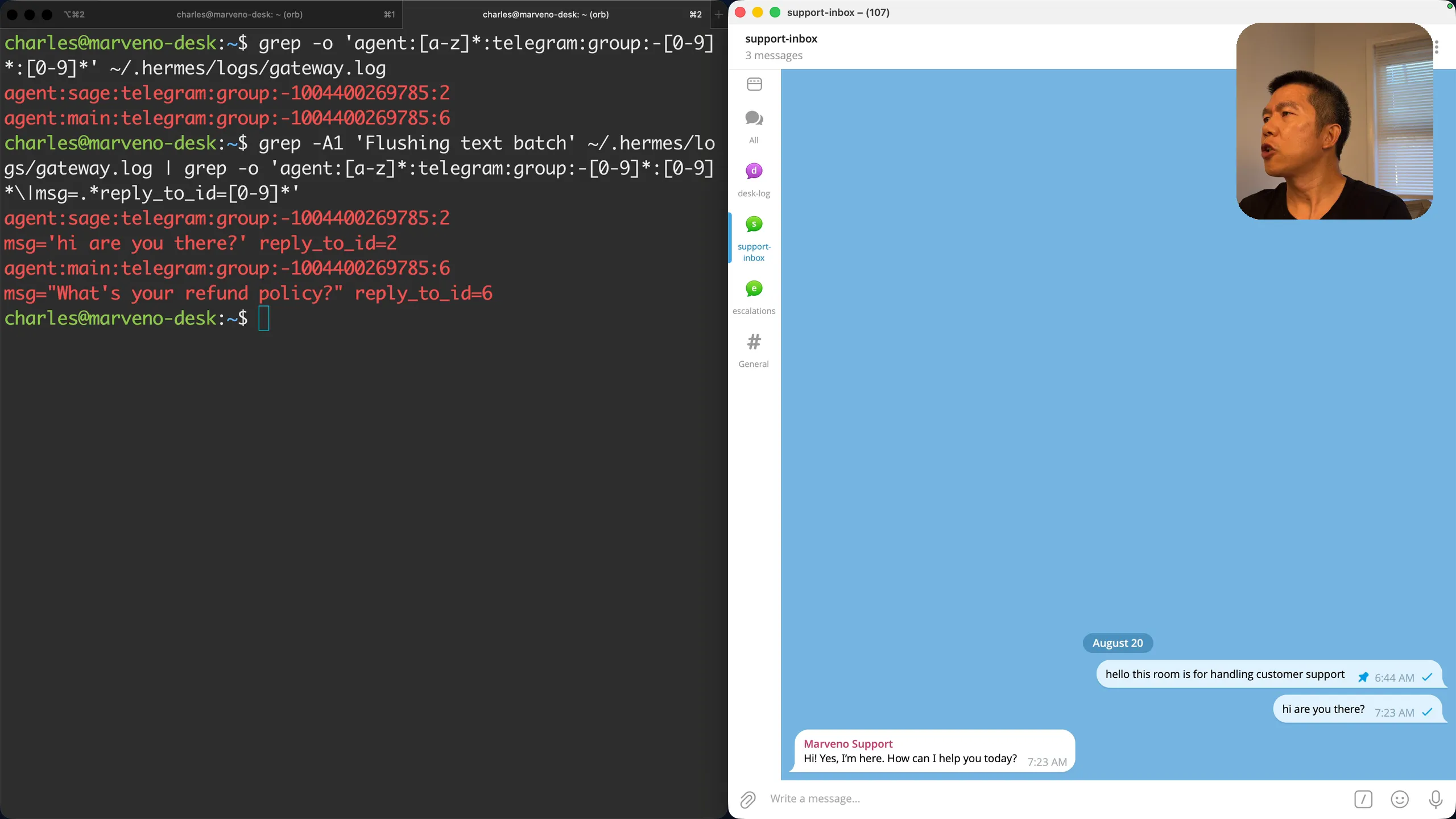 Two pairs in the gateway log: Sage owned the hello, main — the default agent — owned the refund question. On the right, the hello as the room saw it, answered as Marveno Support.