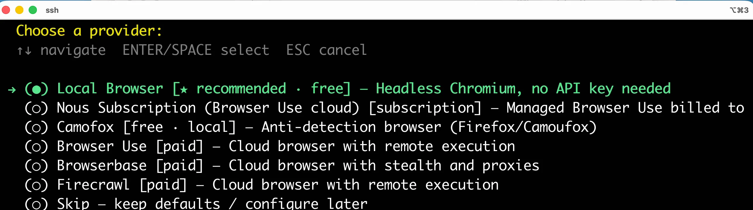 The complete browser-provider screen with Local Browser selected.