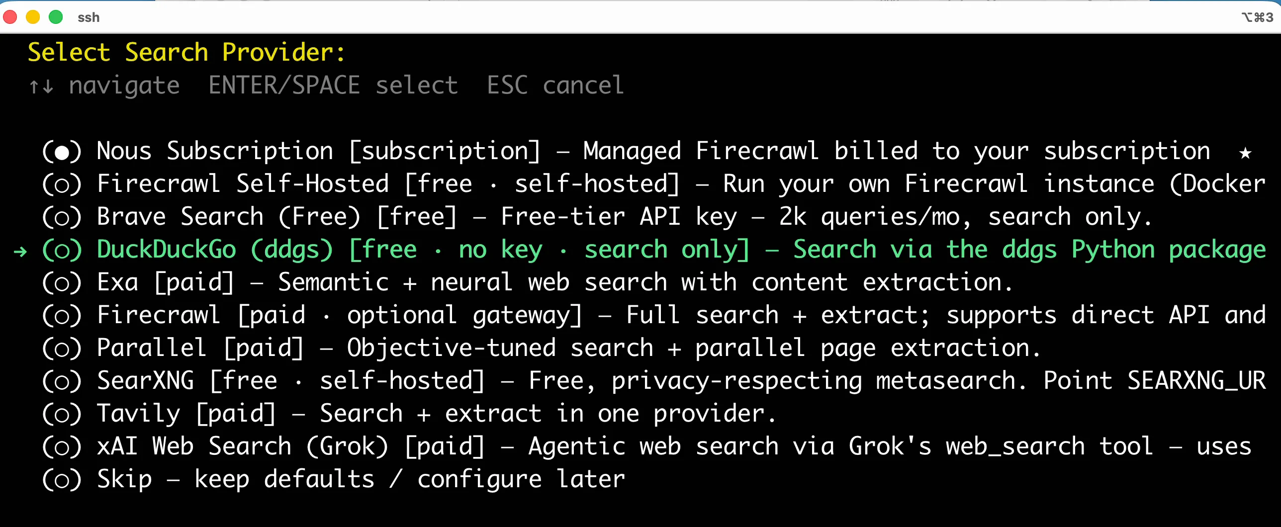 The complete search-provider screen with DuckDuckGo ddgs selected.