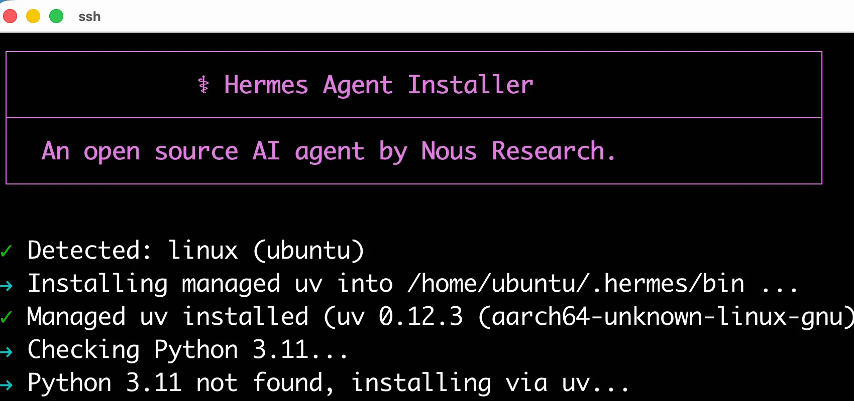 The Hermes Agent installer after detecting Ubuntu and the aarch64 architecture and beginning its managed runtime installation.