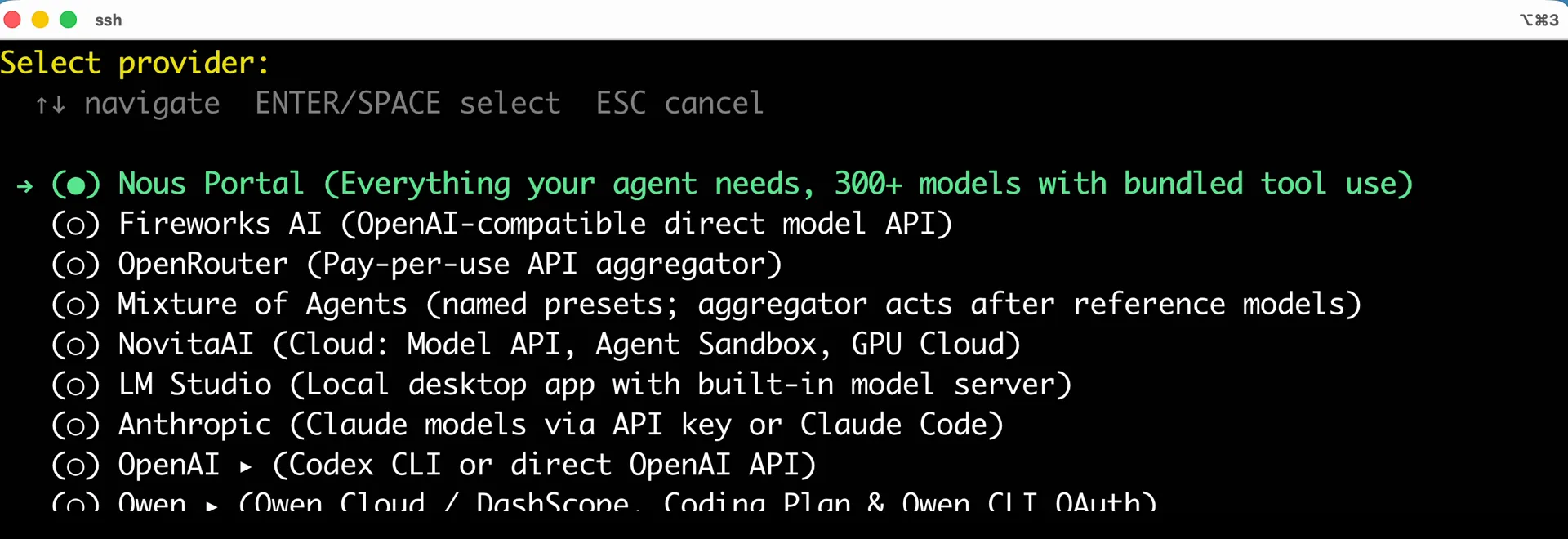 The Hermes Agent Select provider screen reached after choosing Full setup. Nous Portal is selected at the top, with OpenRouter and OpenAI visible among the available providers.