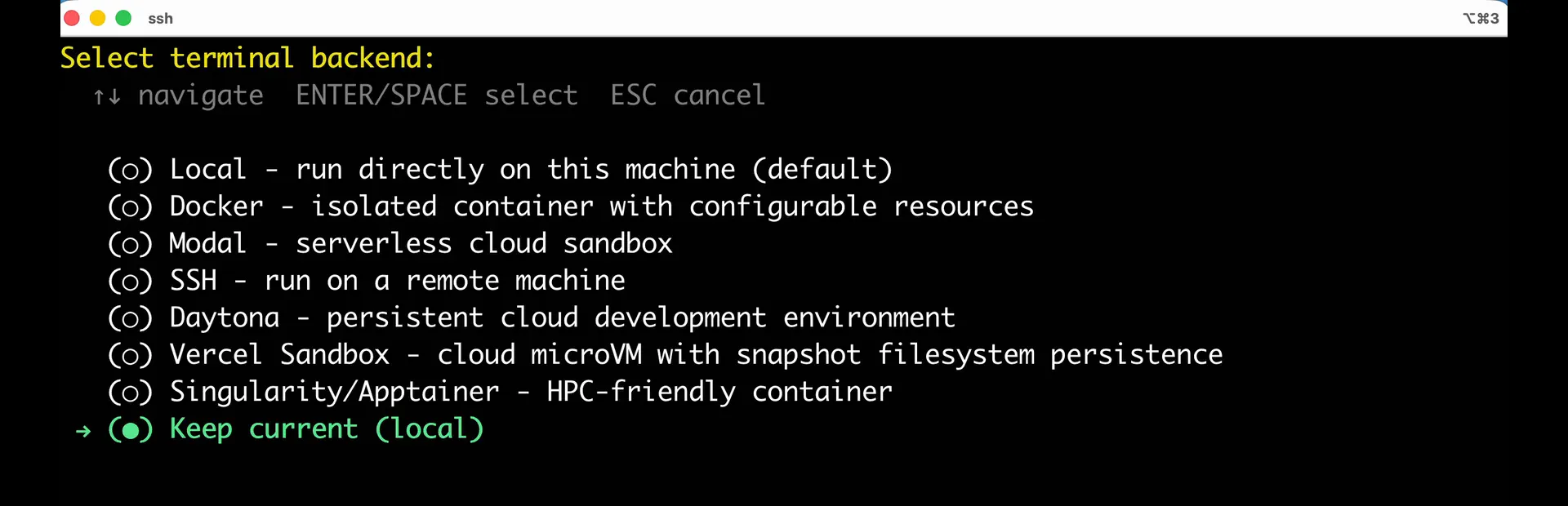 The Hermes Agent Select terminal backend screen with Keep current Local selected, above Docker, SSH, and cloud sandbox alternatives.