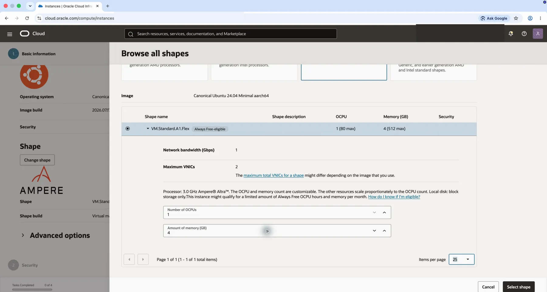 Oracle Cloud’s shape selector showing VM.Standard.A1.Flex with one OCPU and four gigabytes of memory.