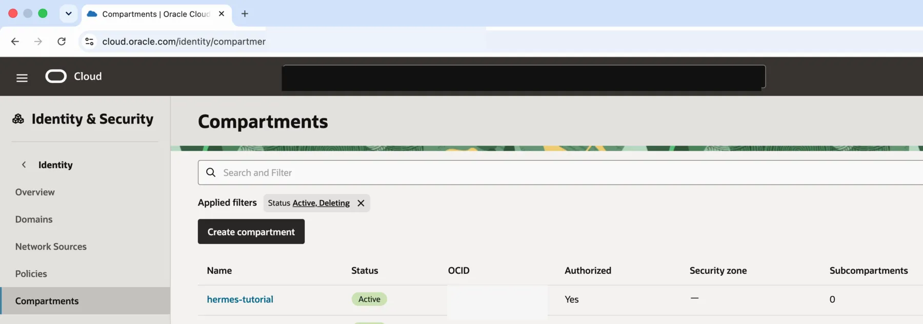 Oracle Cloud’s Compartments page showing the dedicated hermes-tutorial compartment as active.