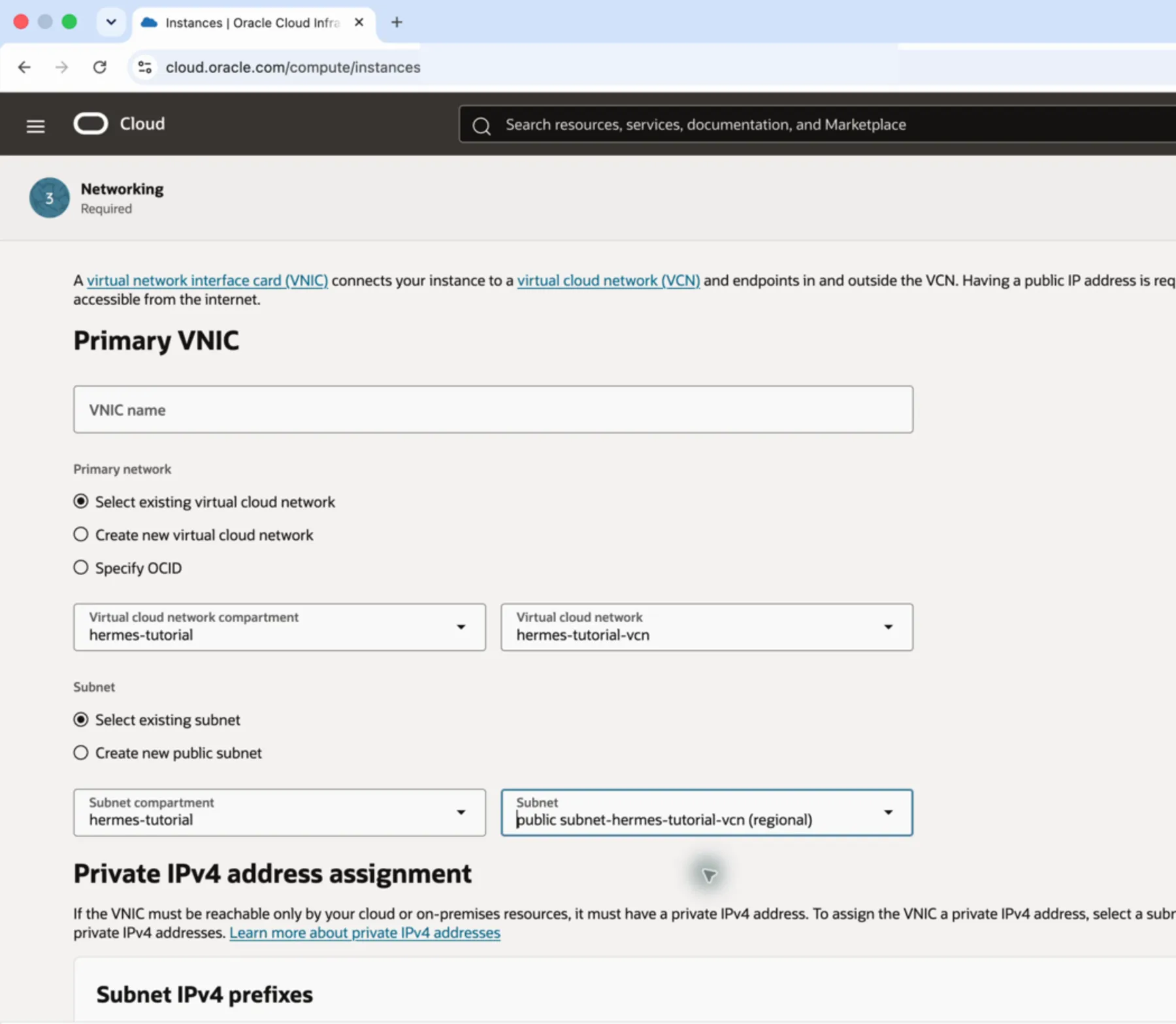Oracle Cloud’s Primary VNIC section showing an existing virtual cloud network and public subnet being selected.