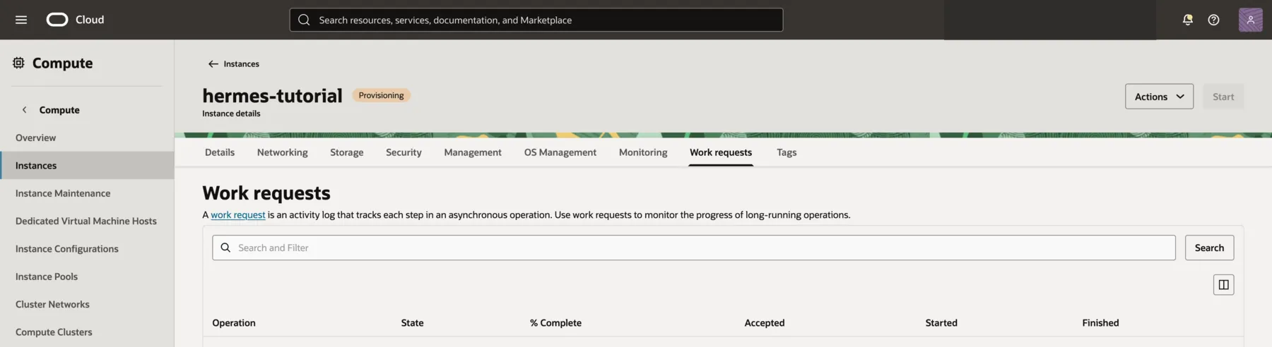 Oracle Cloud showing the hermes-tutorial compute instance in the Provisioning state on its Details page.