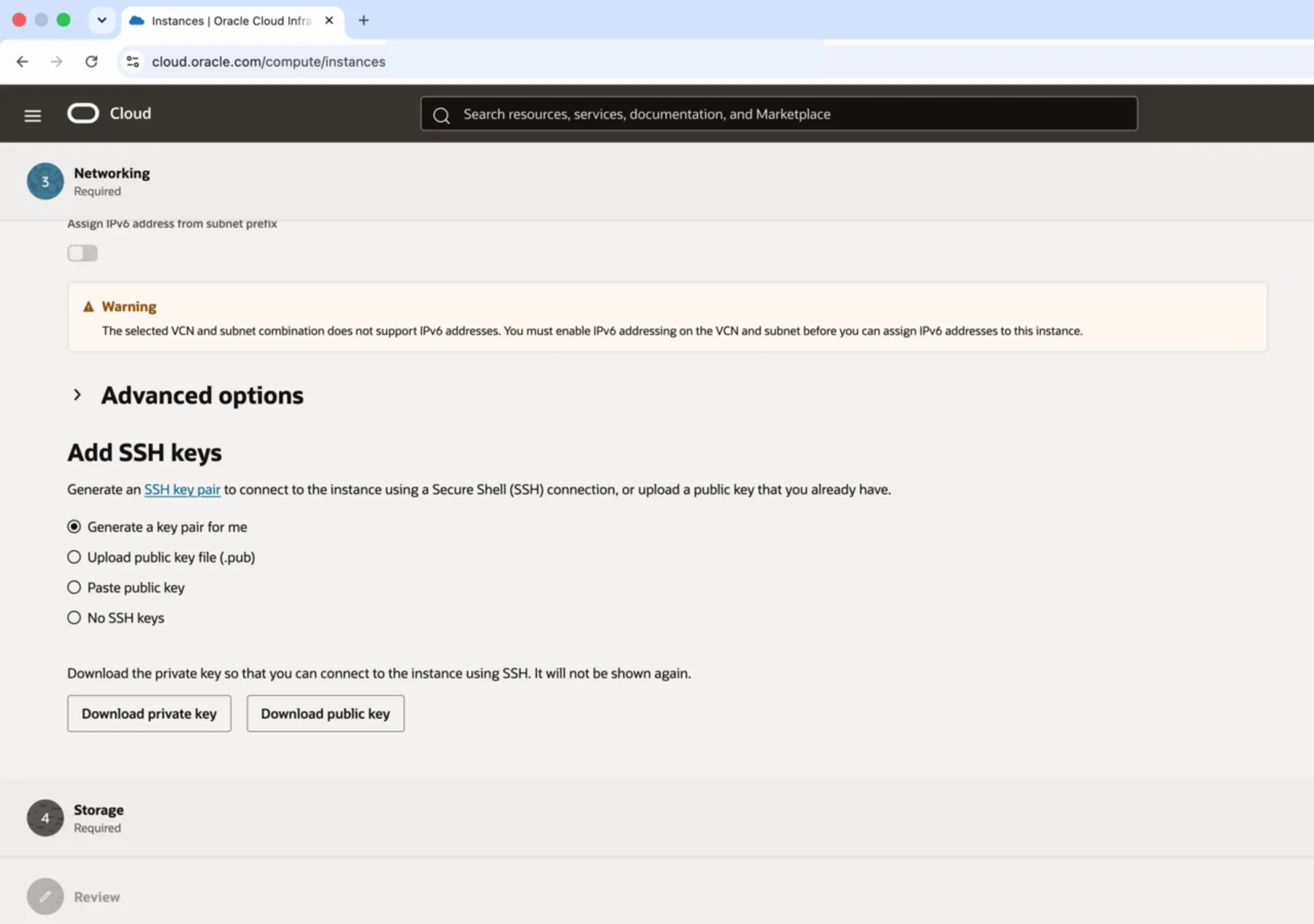 Oracle Cloud’s Add SSH keys section showing the choices to generate, upload, or paste a public key.