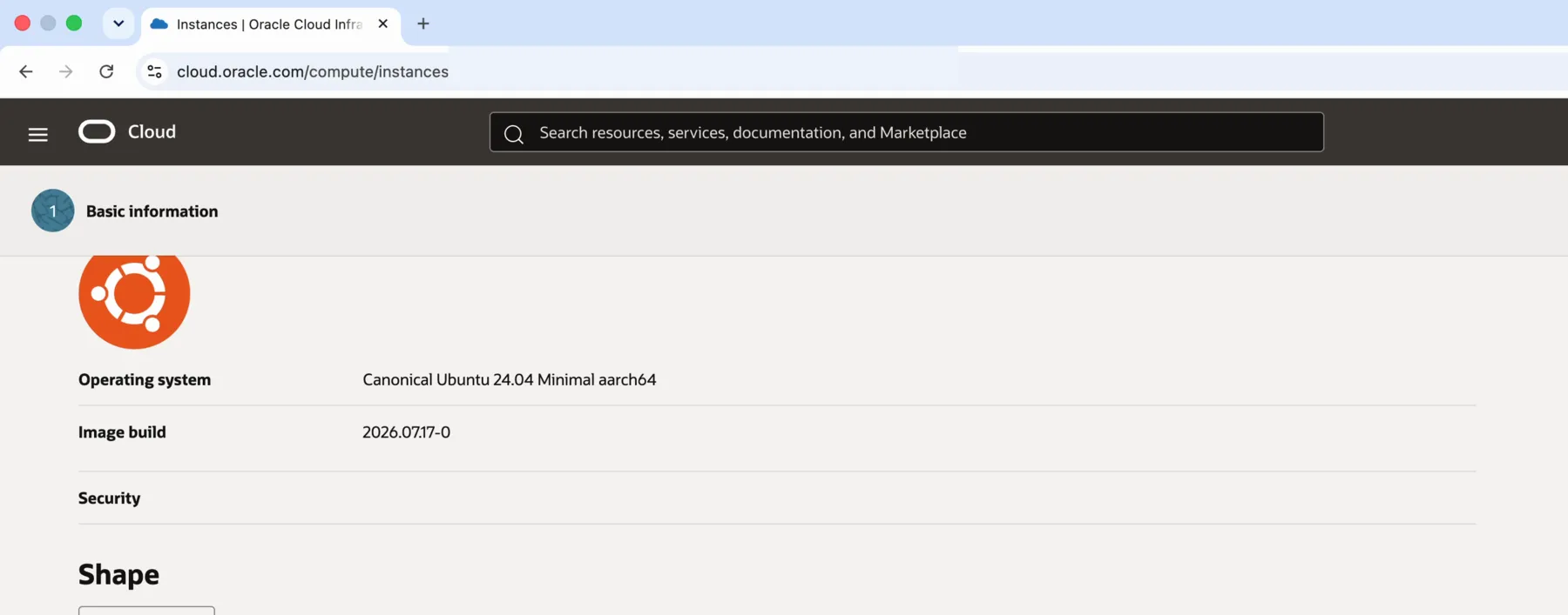 The Basic information section of Oracle’s create-instance page showing Canonical Ubuntu 24.04 Minimal aarch64 selected.