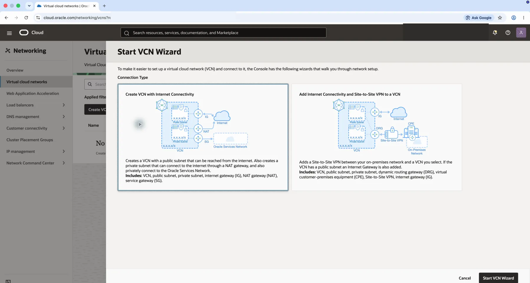 Oracle Cloud’s Start VCN Wizard dialog with Create VCN with Internet Connectivity selected.