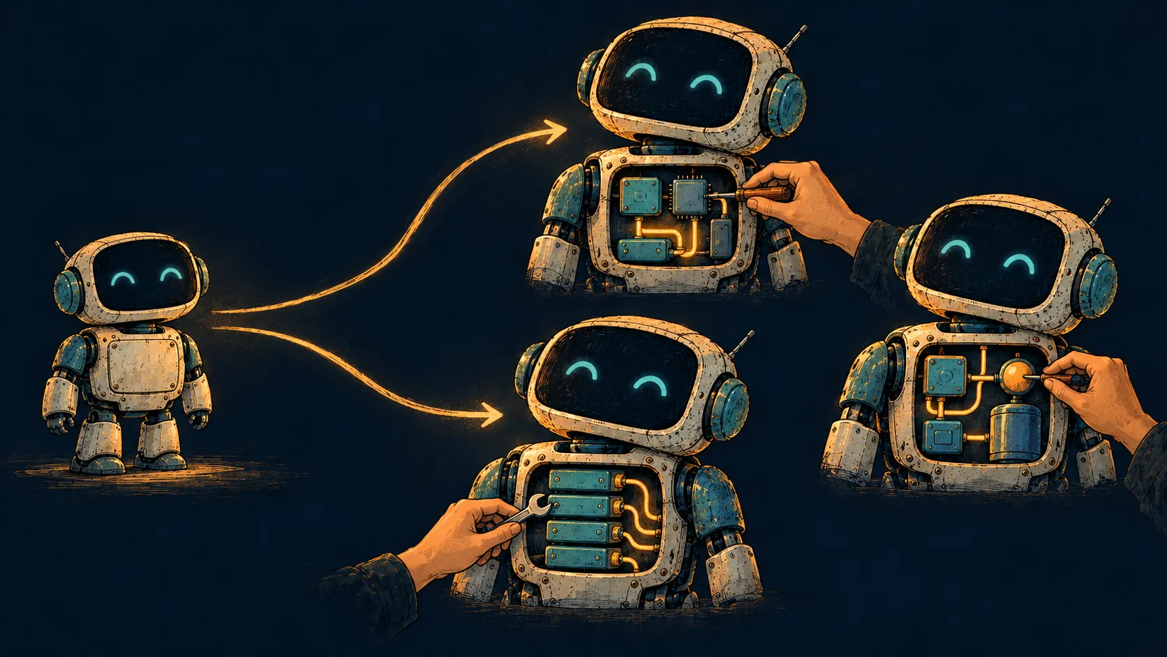 The same friendly starting agent becomes several agents with different internal arrangements, shaped by human hands.