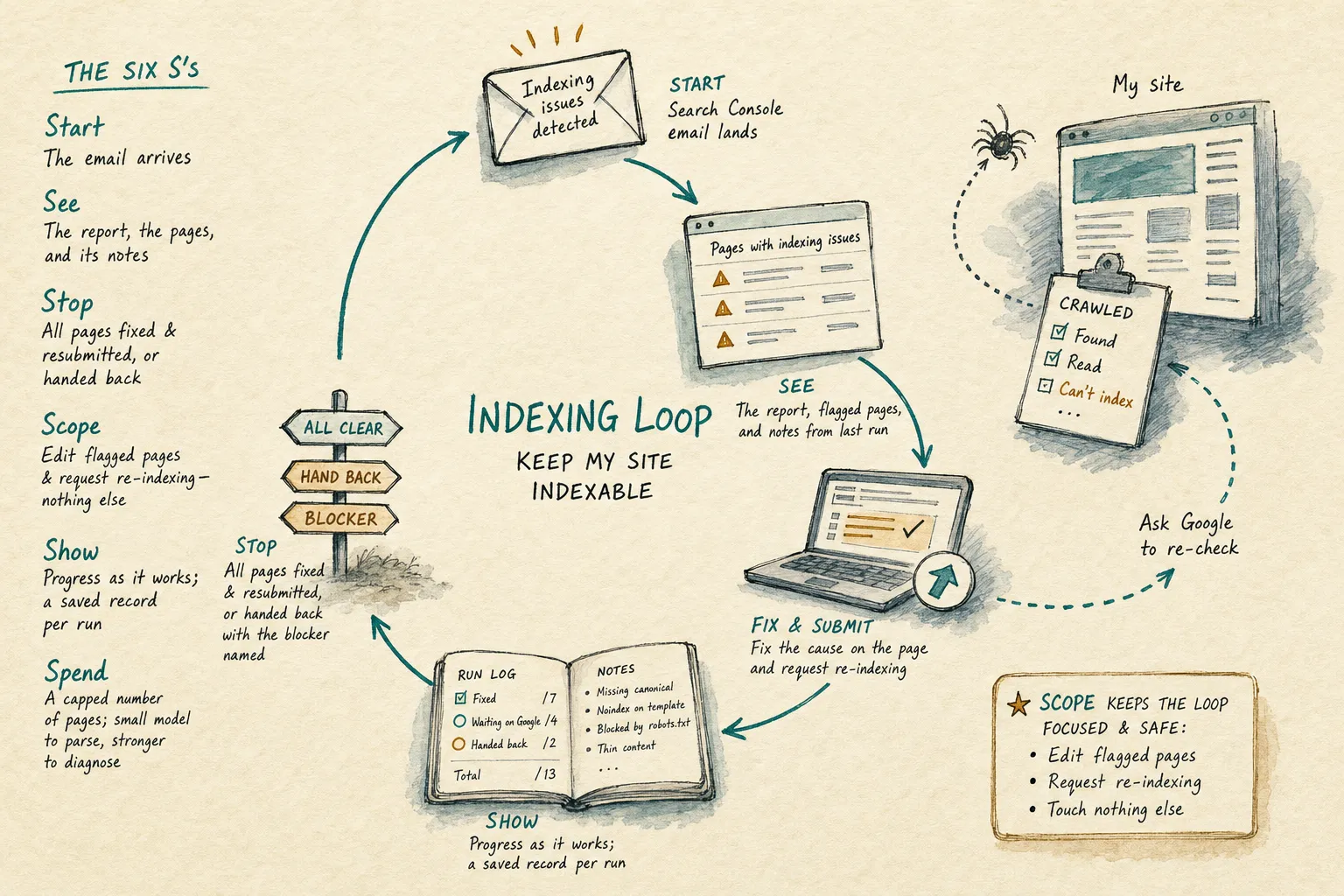 The indexing loop drawn as a cycle: the Search Console email starts it, the flagged-pages report is what it sees, fixes are submitted for re-checking, a run log records each pass, and a signpost marks the exits — all clear, hand back, or blocker.