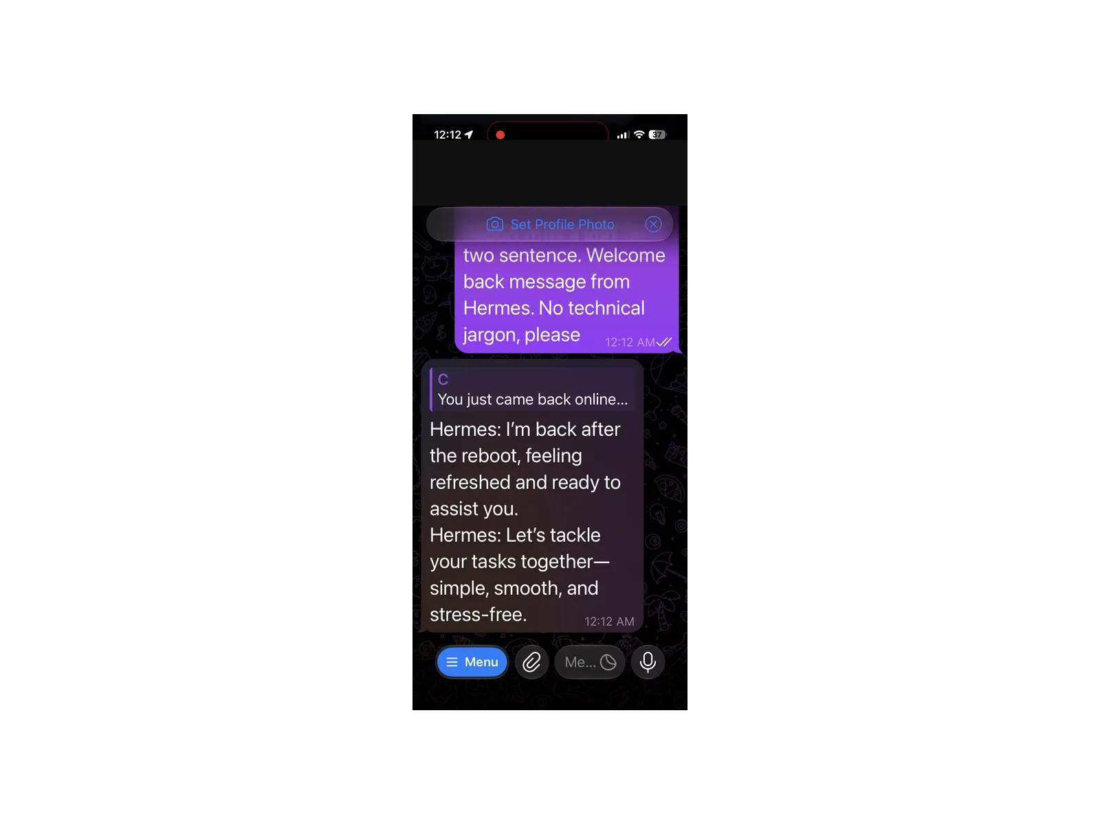A complete iPhone screen showing a new Telegram prompt and a full Hermes Agent reply after the Oracle server rebooted.