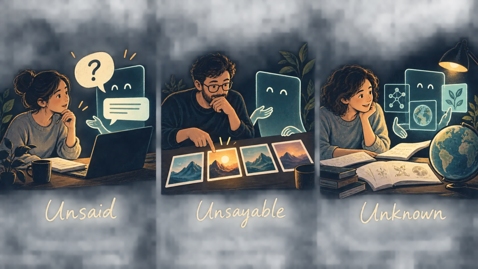 Unsaid: a person answers an agent’s question. Unsayable: a person chooses a preferred example. Unknown: a person learns with books and new examples. An AI agent assists throughout all three situations.