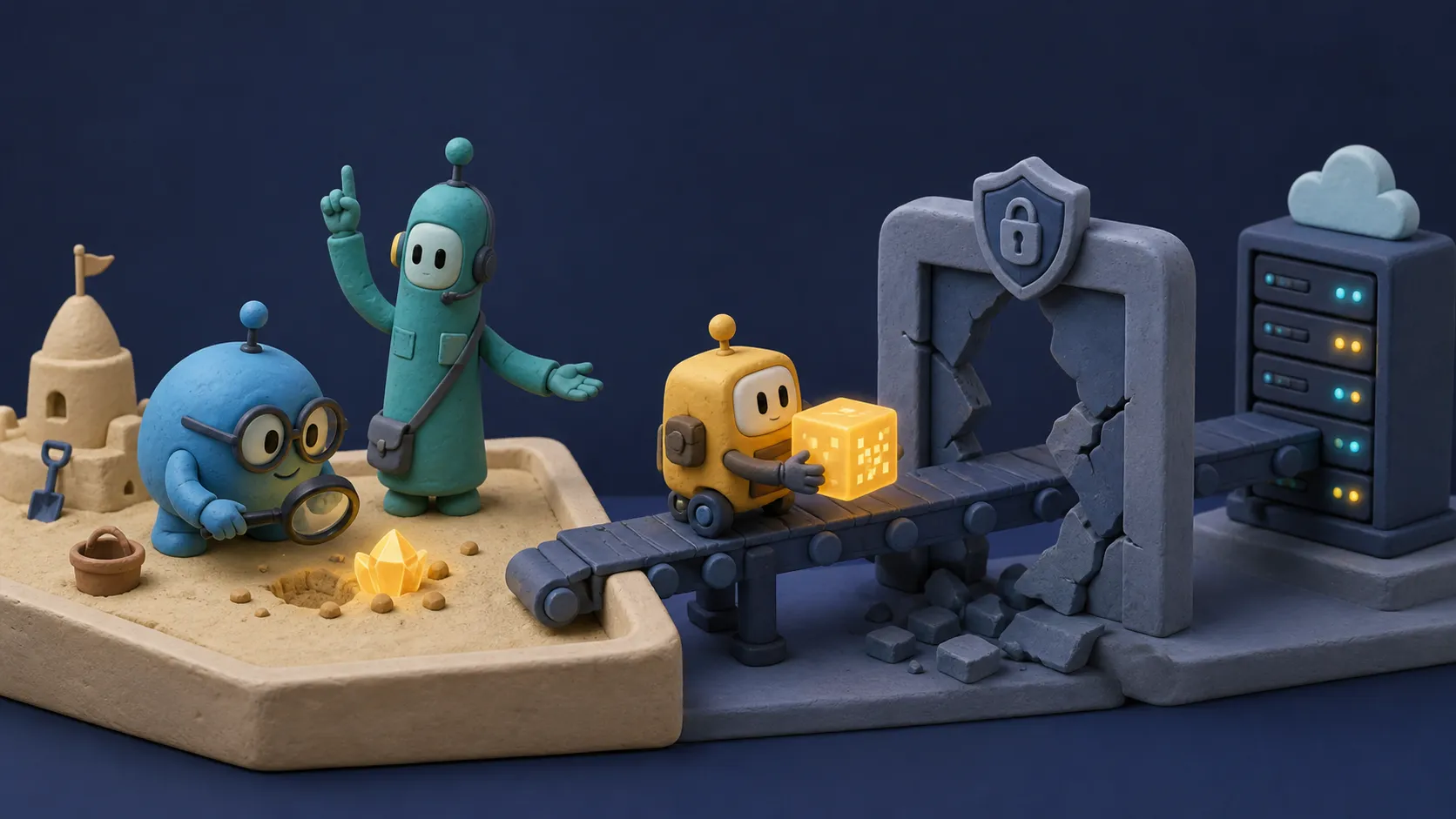 A clay-like three-dimensional illustration of small agents moving a glowing package through a damaged gate.