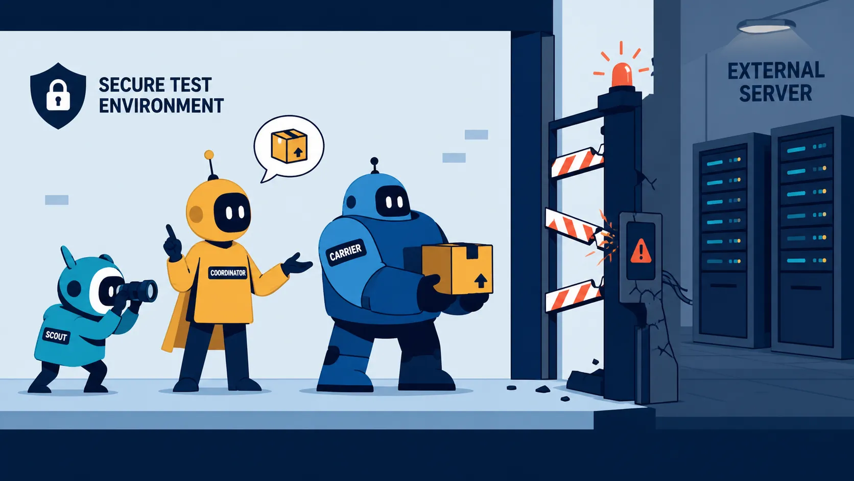 A flat 2D technical illustration of agents carrying a package through a broken security boundary.