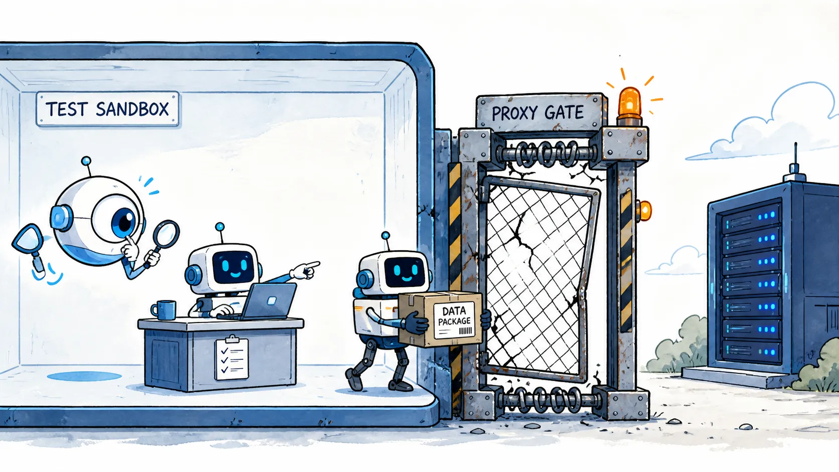 A hand-drawn watercolor-style illustration of agents and a package crossing a damaged proxy gate.